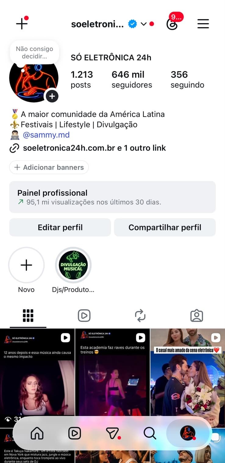 Perfil da Só Eletrônica 24h no Instagram mostrando 1.213 posts, 646 mil seguidores e destaque de 95,1 milhões de visualizações em 30 dias