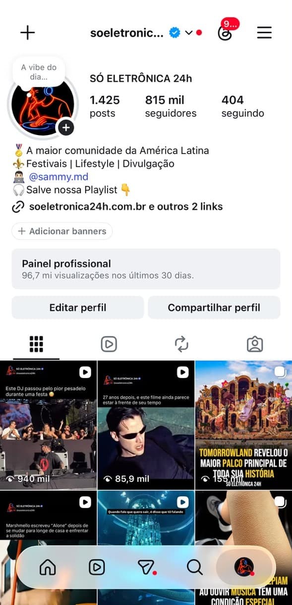 Perfil da Só Eletrônica 24h no Instagram mostrando 1.425 publicações, 815 mil seguidores e 96,7 milhões de visualizações nos últimos 30 dias