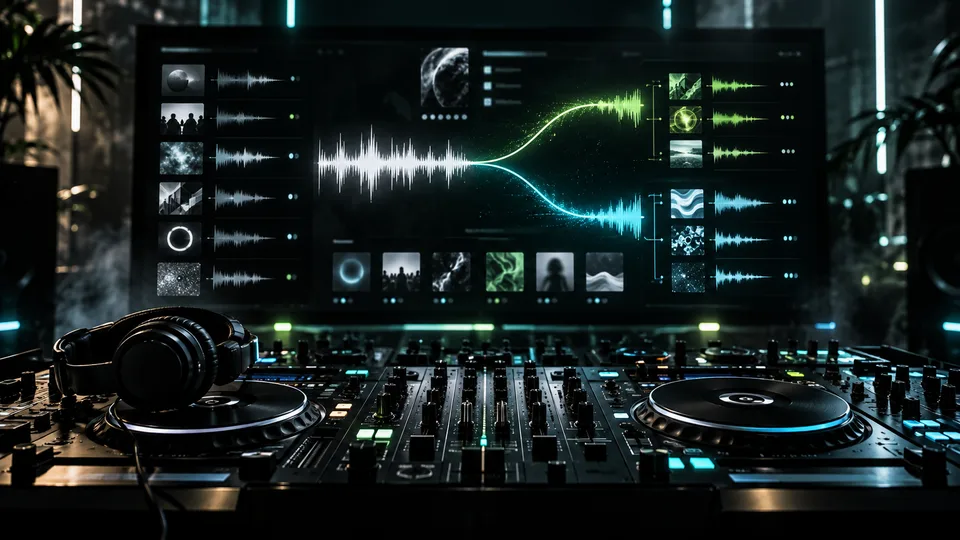 Interface de descoberta de música com formas de onda sobre equipamentos de DJ.