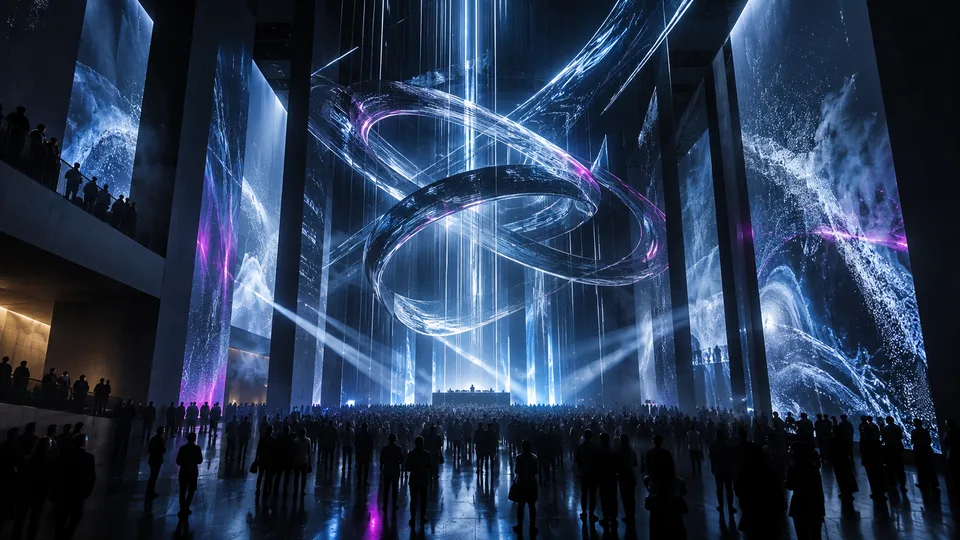 Público diante de projeções imersivas e estruturas luminosas em um espaço de arte digital.