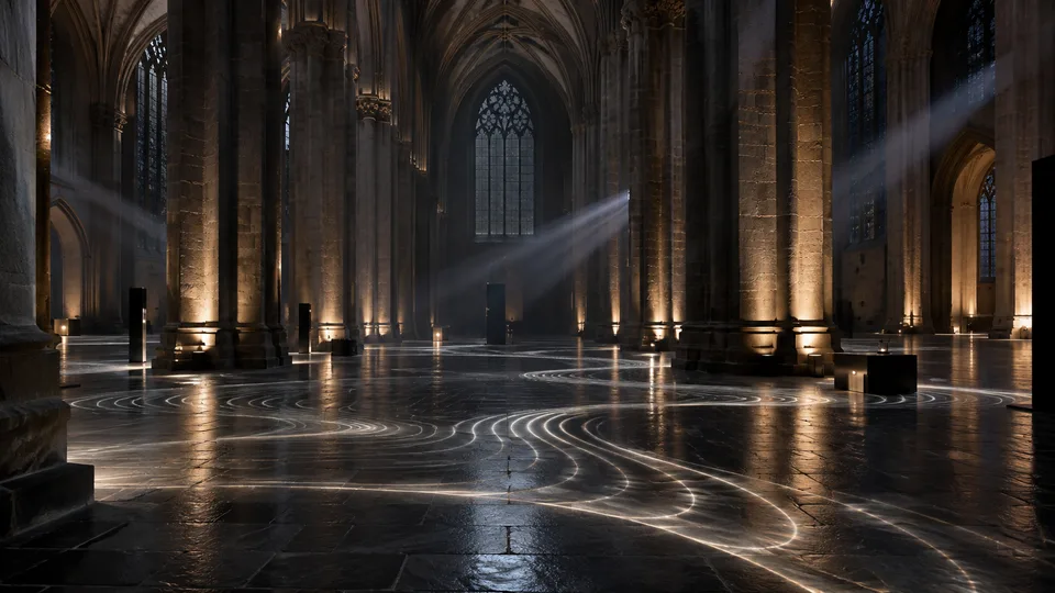 Interior de uma igreja de arquitetura gótica com luzes e padrões luminosos no piso.