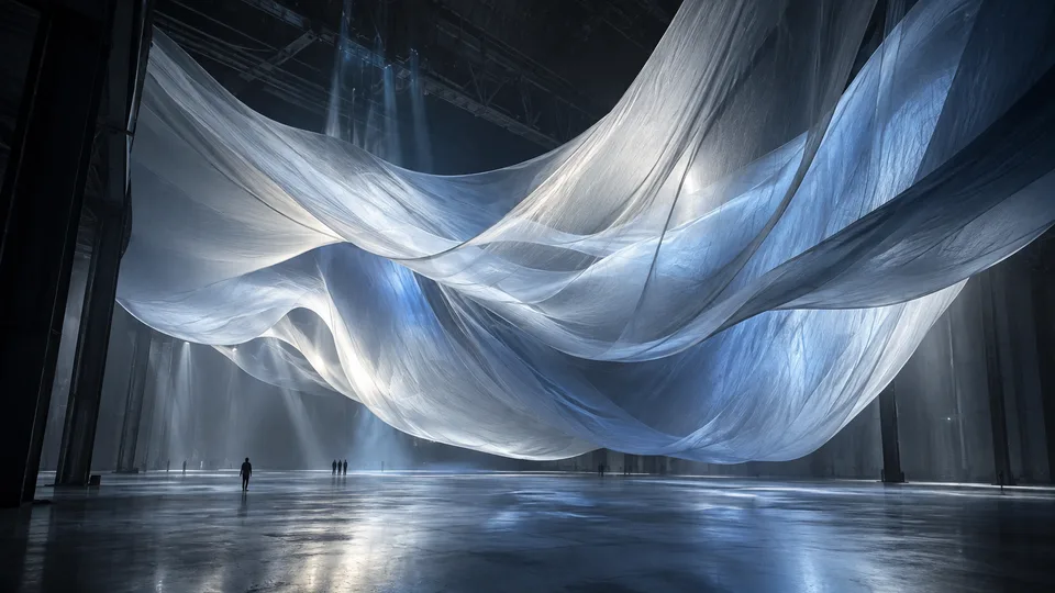 Tecido translúcido suspenso em grandes ondas dentro de um espaço industrial.