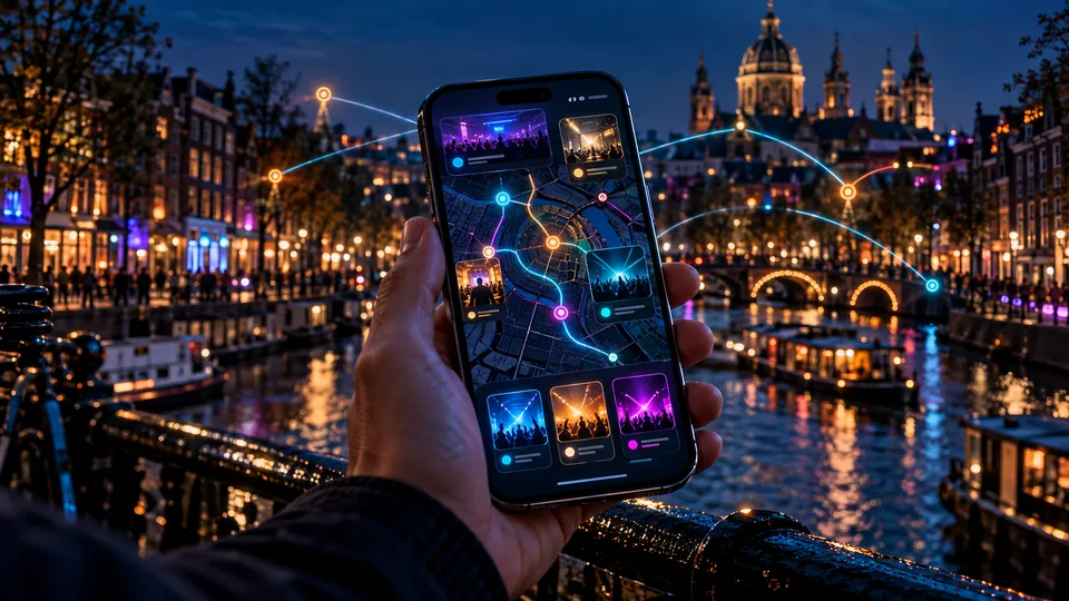 Mão segurando um celular com um mapa de programação musical diante de um canal urbano à noite.
