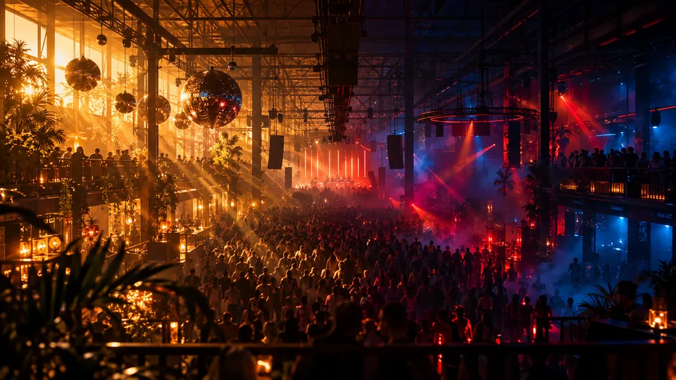 Público em um espaço industrial de festas com bolas de espelhos e luzes coloridas.