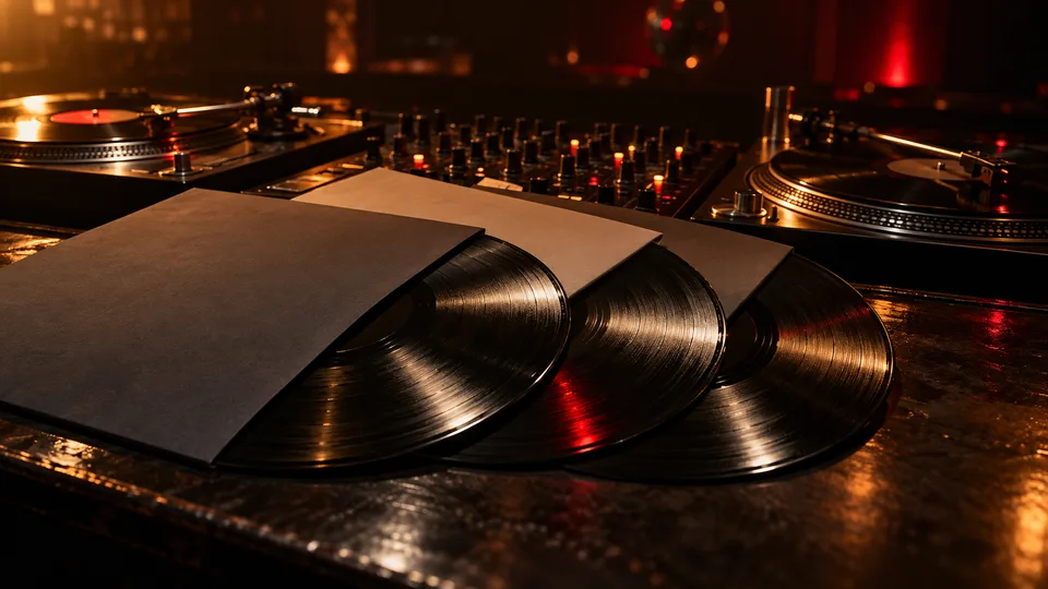 Três discos de vinil e suas capas sobre uma mesa, com toca-discos ao fundo.