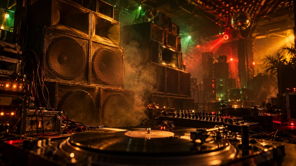 Toca-discos e grandes caixas de um sound system em ambiente com luzes quentes.