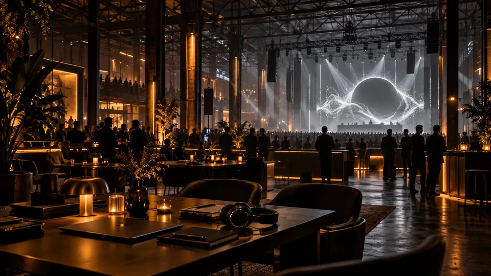 Espaço industrial com equipamentos musicais em primeiro plano e uma apresentação audiovisual ao fundo.